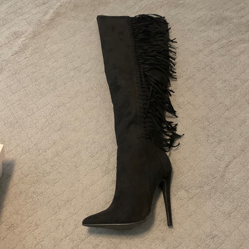 Black suede heeled fringe boots